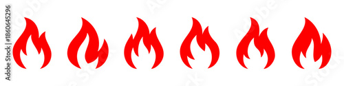 Set of 6 red fire icons isolated on white background. Vector burning flame variations for hot, energy, danger and creative designs