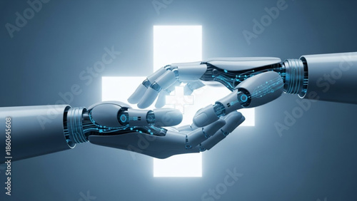 Robotic hands touching with glowing cross in the background symbolizing technology and medicine coming together in a futuristic scene with blue tones