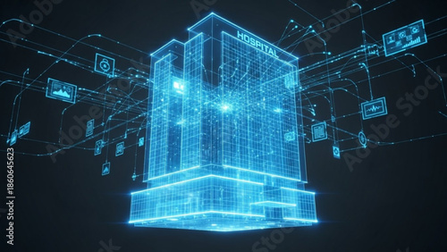 A futuristic blue neonlit building with a wireframe design and various digital elements surrounding it on a dark background with a sense of advanced technology and innovation
