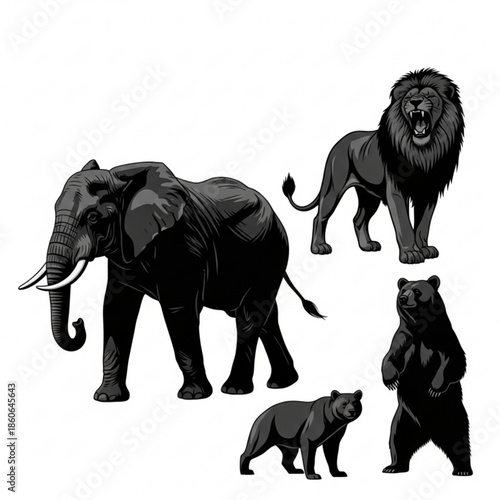 Black silhouettes of elephant, lion, bear and cub