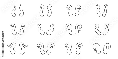 Outline set of fantasy horns. Decorative curved animal horn drawings for tattoo, tribal, monster, and illustration themes