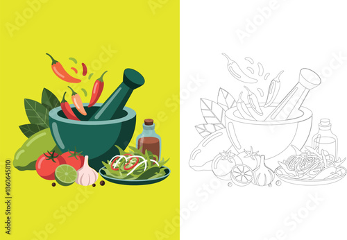 Colorful Mortar and Pestle with Spices and Vegetables