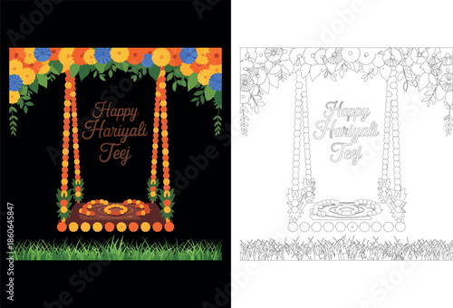 Happy Hariyali Teej Greeting Card Swing Nature Illustration