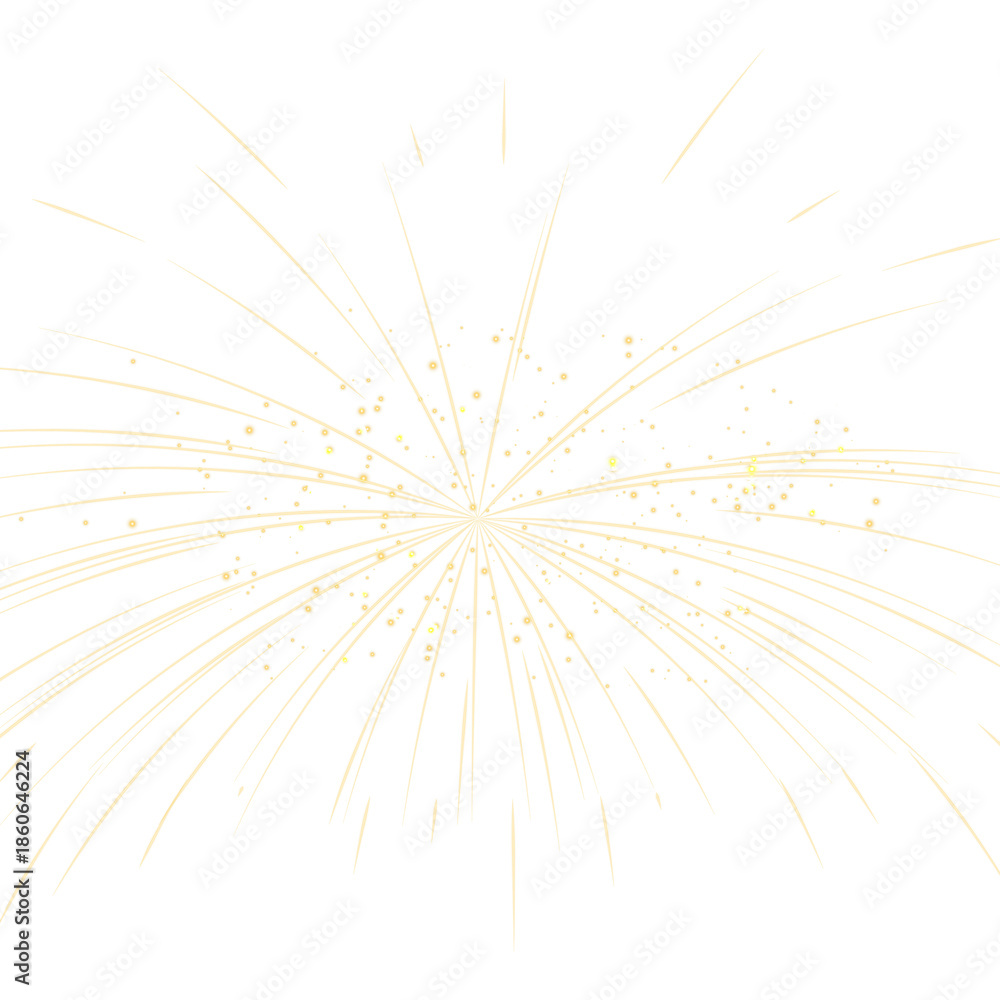 Obraz premium Bright golden starburst fireworks with radiant glowing sparks, warm shimmering dust, and elegant festive illumination ideal for high-end holiday overlays and transparent PNG designs 