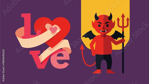 Stunning devil character with heart and love concept on purple background