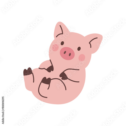 Cute piglet lying on back with smile. Adorable pink pig vector illustration for children, farm animals, nursery art, and playful designs