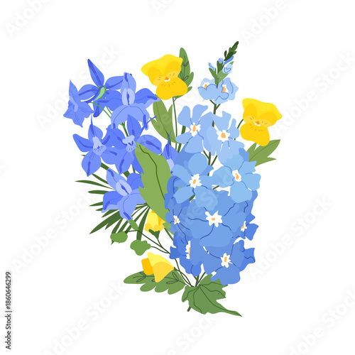 Vibrant vector illustration of a delphinium and pansy bouquet isolated on a white background.