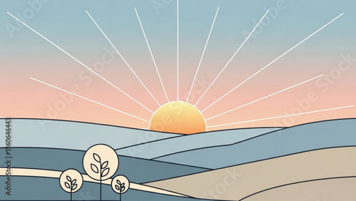 Sunrise over Hilly Landscape with Stylized Trees, Flat Design Illustration