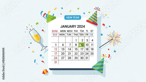 New Year January 2024 Calendar with Confetti, Party Hats, and Champagne Glass Flat Design Illustration