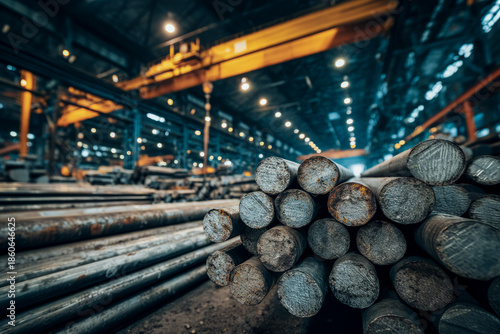 Steel rods stacked in heavy industry metal production warehouse