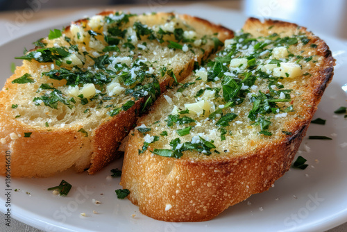 Slices of garlic bread with parsley and cheese