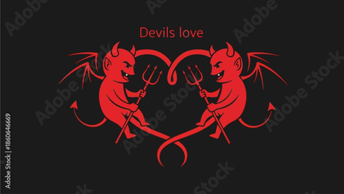 Two red devils forming heart shape with tridents on black background