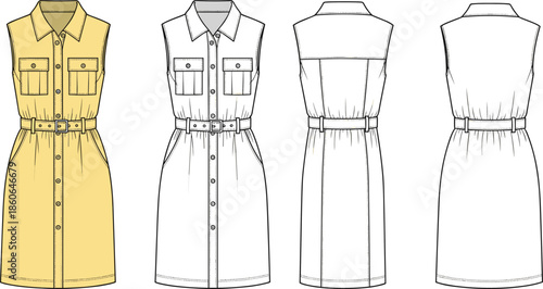 Sleeveless belted shirt dress vector illustration with button front pockets and front back technical fashion drawing