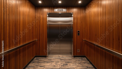 Elevator Interior With Wooden Paneling and Metal Doors in a Tall Building Sho...
