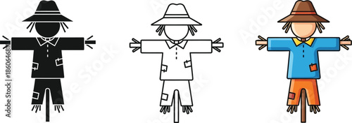 Three variations of a scarecrow icon including black white and colored on transparent background