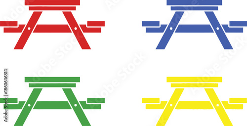 Four colorful picnic tables in a simple design on transparent background