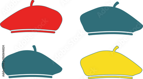 Four colorful berets in red blue green and yellow on transparent background