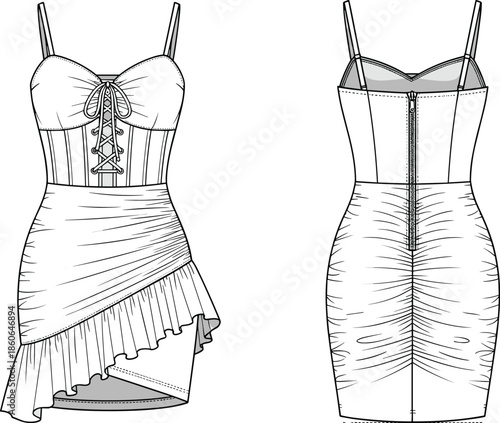 Women bodycon mini dress technical fashion illustration showing front and back views with lace up corset bodice, spaghetti straps, asymmetrical hem