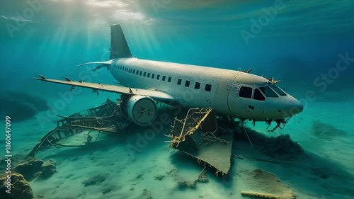 Wallpaper Mural Sunken Airplane Wreckage on Ocean Floor with Coral Reefs and Sunlight Rays underwater Torontodigital.ca