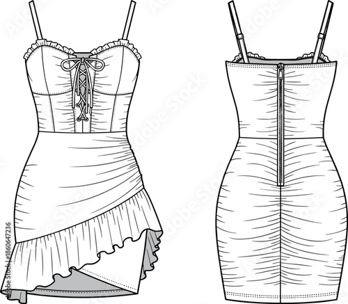 Women corset mini dress technical fashion illustration with front and back views, lace up bodice, spaghetti straps, asymmetrical ruffle hem