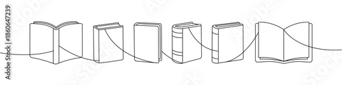 Minimalist contour drawing of open and closed books linked by a single flowing line