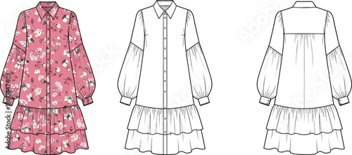 Women floral shirt dress technical fashion illustration with front back and color views, long sleeves, button front, ruffle hem design