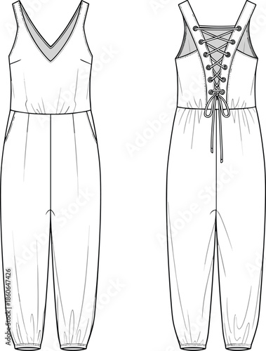 Women jumpsuit fashion technical illustration showing front and back views with lace up back detail, sleeveless modern apparel design