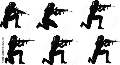Female soldier silhouette aiming rifle in kneeling combat poses, woman military shooter action set, tactical armed forces illustration isolated
