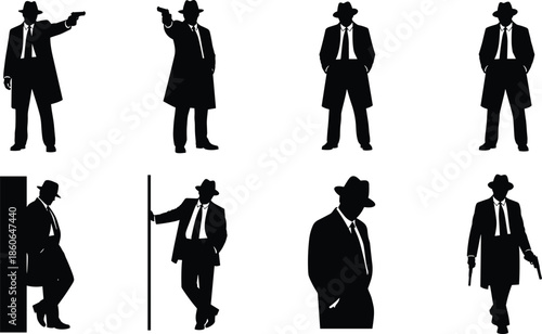 Film noir gangster silhouettes with guns and hats, dramatic detective poses, black vector illustration, crime characters, vintage style collection