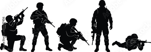 Military soldiers silhouettes in combat positions armed tactical team security defense special forces isolated black white illustration concept
