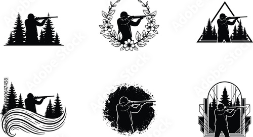 Hunter silhouette aiming rifle in forest emblem designs, outdoor hunting logo collection, nature adventure illustration isolated on white