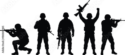 Military soldiers silhouettes with rifles in combat poses, armed forces action sequence, tactical teamwork and victory isolated on white background illustration