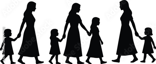 Mother and children silhouettes walking together holding hands in loving family scene representing care, protection, bonding, and everyday family life