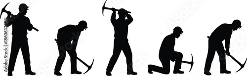 Miner worker silhouettes using pickaxe in different working poses, mining industry labor concept, construction workforce black vector illustration isolated