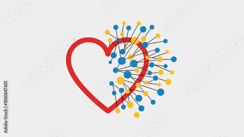 Vibrant heart symbol with dynamic network connections and nodes
