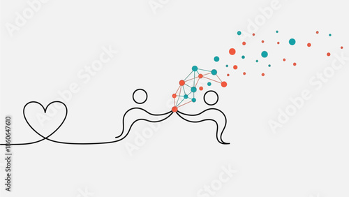 Stylish line art of two people connecting with network and heart