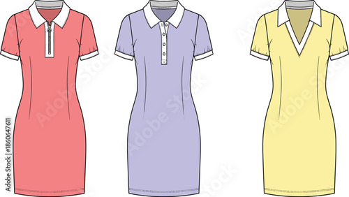Women polo dress fashion illustration set, short sleeve fitted casual dresses, pastel colors, modern apparel vector design