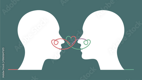 Two people facing each other with heart shaped lines connecting