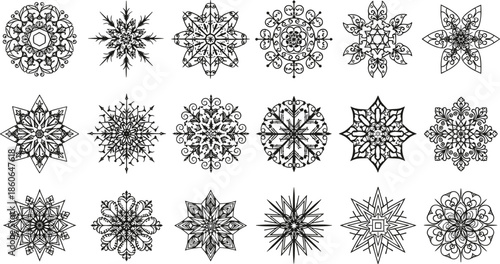 Ornamental mandala and snowflake designs collection, decorative floral geometric patterns, intricate symmetrical line art isolated on white background