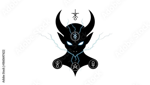 Mystic demon symbol with glowing blue lightning and occult signs