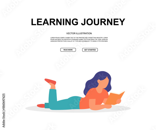 Flat banner with girl reading book while lying on floor. LEARNING JOURNEY headline vector