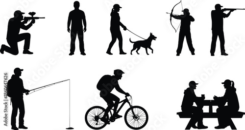 Outdoor activity silhouettes collection, hunting fishing archery cycling dog walking, leisure lifestyle, recreation hobbies, people actions, black vector set