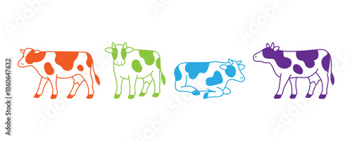 Set of colorful cows in different poses, Flat vector farm animal illustration