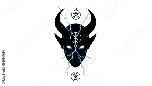 Mystical black demon head with glowing blue eyes and lightning symbols