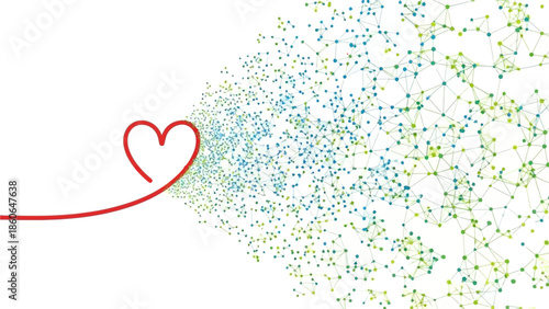 Heart symbol connects with vibrant network of dots and lines in blue green