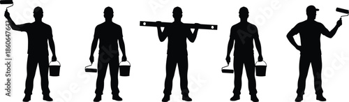 Painter and construction worker silhouettes holding paint rollers, buckets, and level tools, professional home renovation and maintenance illustration set