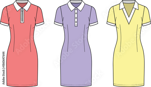 Women polo dress vector illustration set, short sleeve fitted dresses in pastel colors, modern casual fashion design