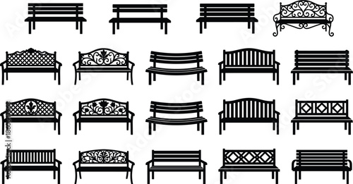 Park bench silhouettes set outdoor garden seating furniture collection classic modern designs isolated black white illustration decor concept