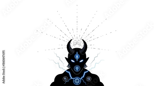 Mysterious devil character with glowing blue symbols and lightning