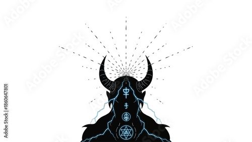 Mystical horned figure with glowing blue symbols and lightning